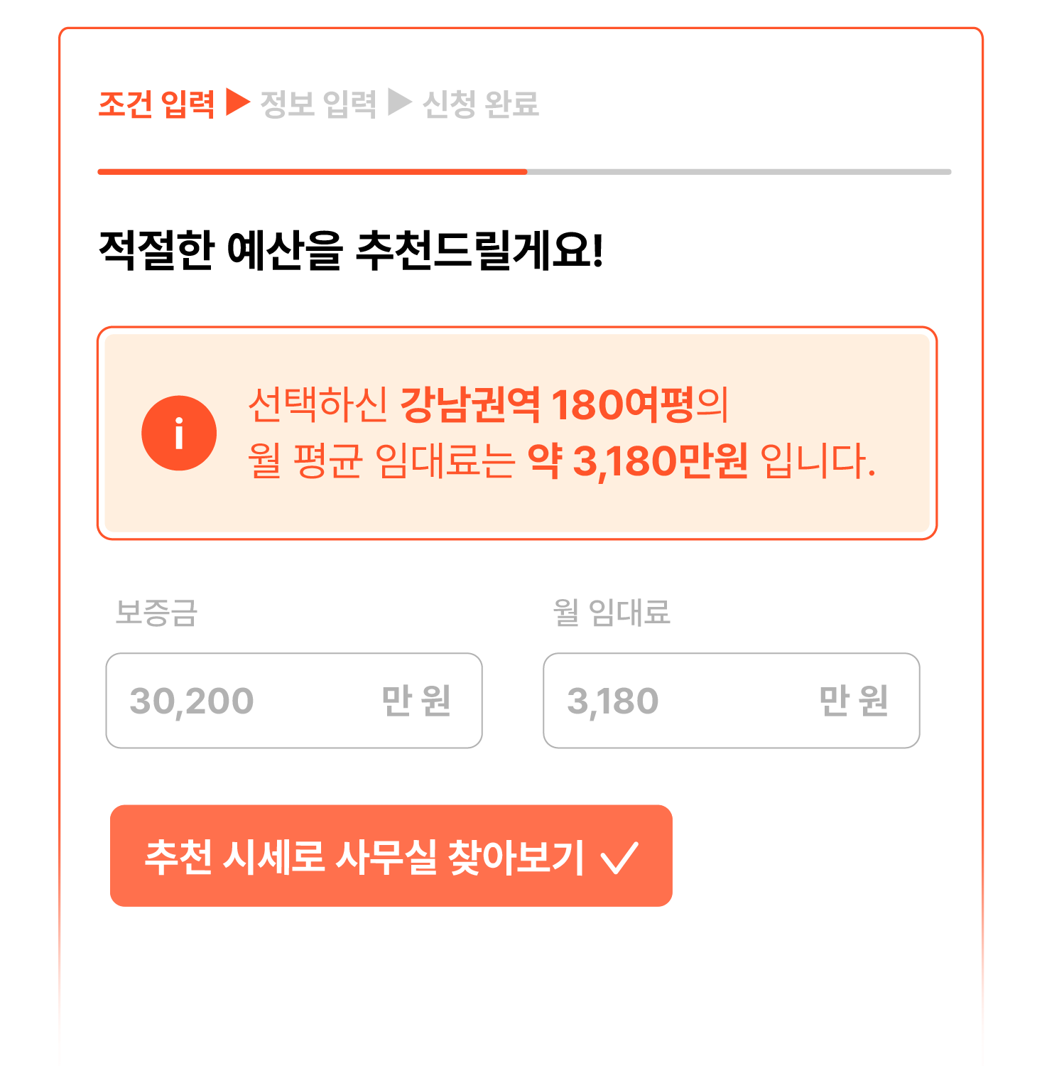 지역과 인원 입력 후 사무실 시세를 확인하는 화면